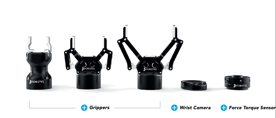 Robotiq 2022 product lineup showing three grippers and two sensing components.